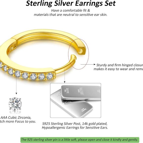 Sterling Silver Huggie Hoop Earrings Set 3 Pairs Hypoallergenic for Men Women - Picture 2 of 7